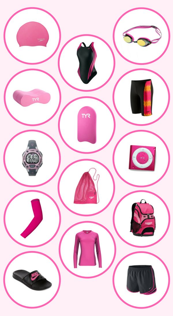 a pink poster with different types of clothing and accessories on it's side, including swimsuits