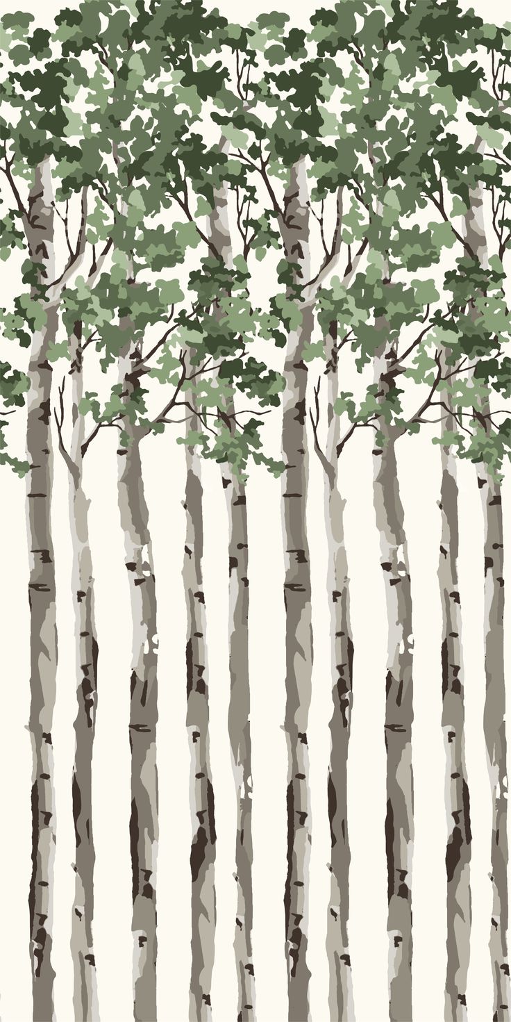 the trees are painted in shades of green and gray, with white stripes on them