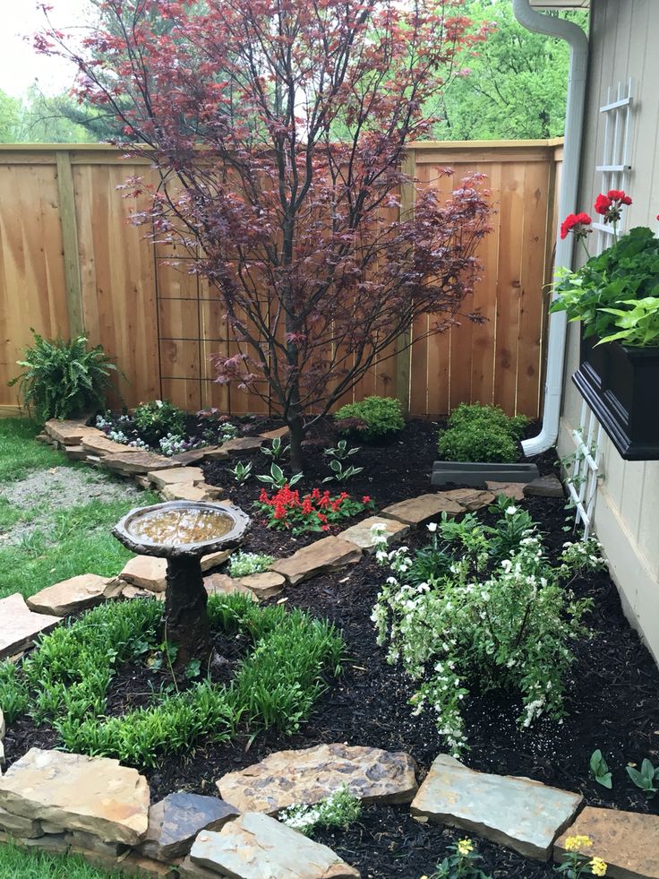 a small garden with rocks and flowers in the foreground, next to a wooden fence