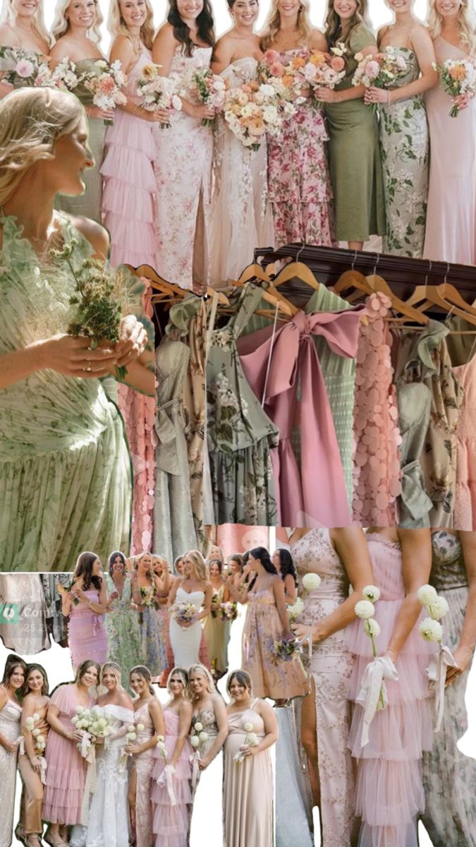 a collage of bridesmaids in pastel pink and green gowns with flowers