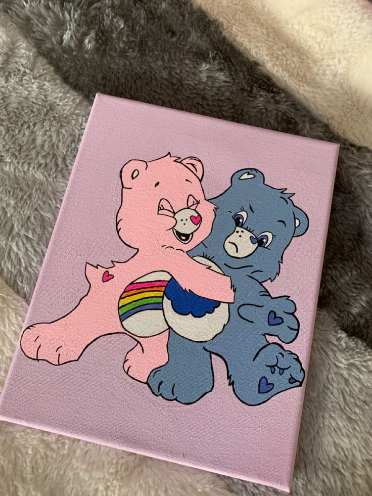 a painting of two teddy bears hugging each other on a pink canvas with white fur