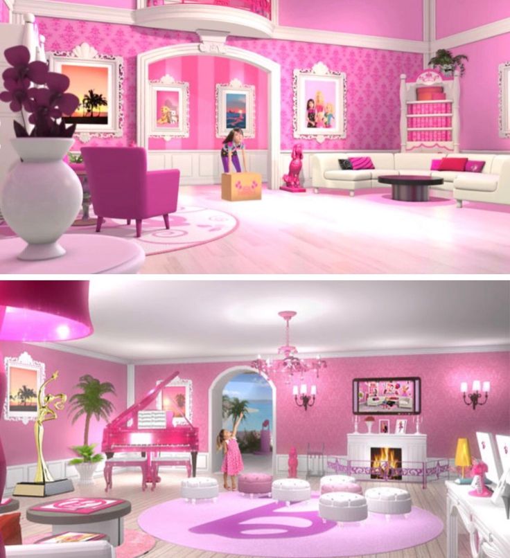 two pictures of a pink and white living room