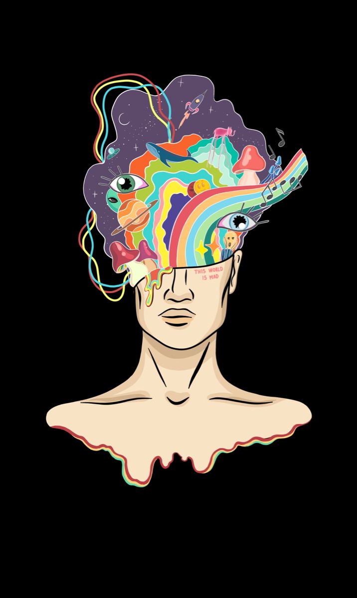 a man's head with multicolored hair in the shape of a rainbow