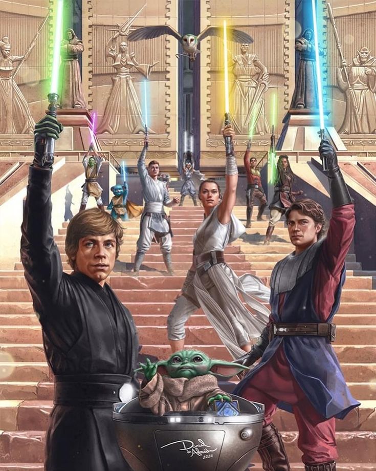 an image of star wars characters with lightsabens on their shoulders and arms in the air