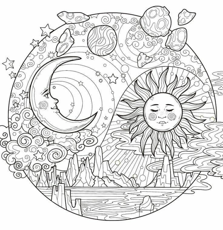 the sun and moon are surrounded by clouds, stars, and other things that can be seen in this coloring page