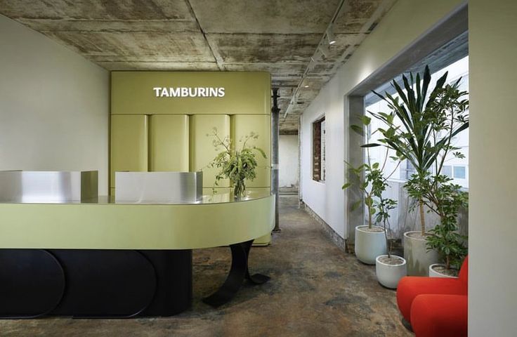 an office with plants and chairs in it