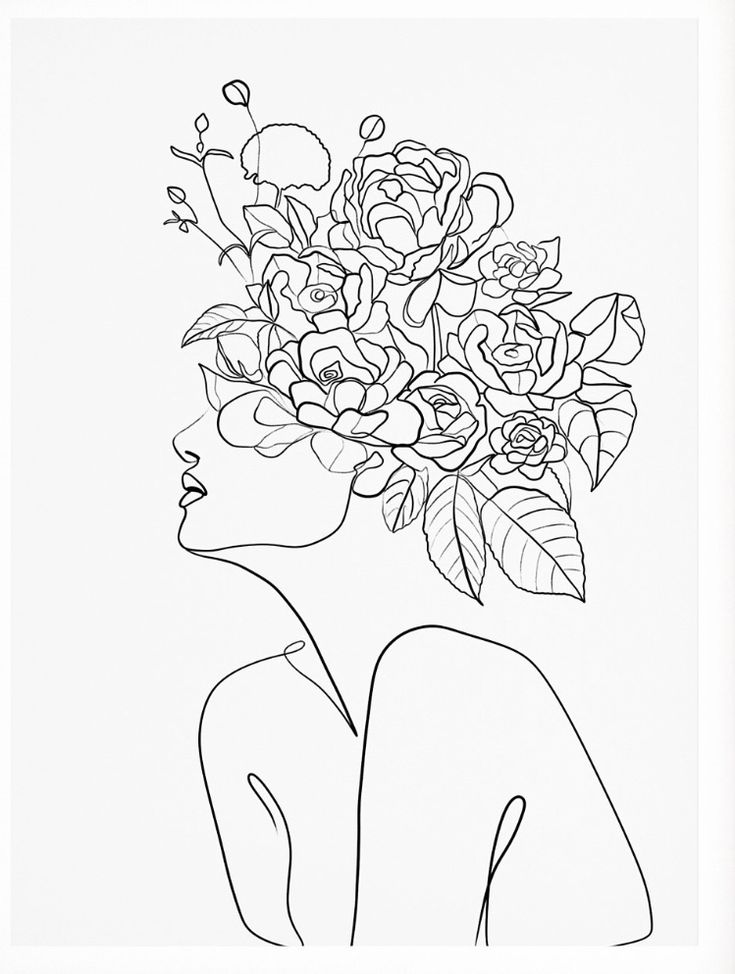 a line drawing of a woman with flowers in her hair, looking to the side