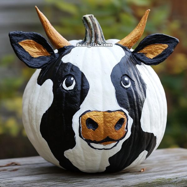 a painted cow pumpkin sitting on top of a wooden table