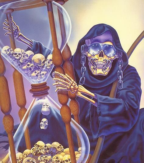 a painting of a skeleton holding a hourglass with skulls in it and wearing a black robe