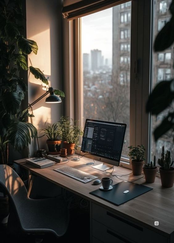 an office desk with a laptop computer on top of it next to a large window