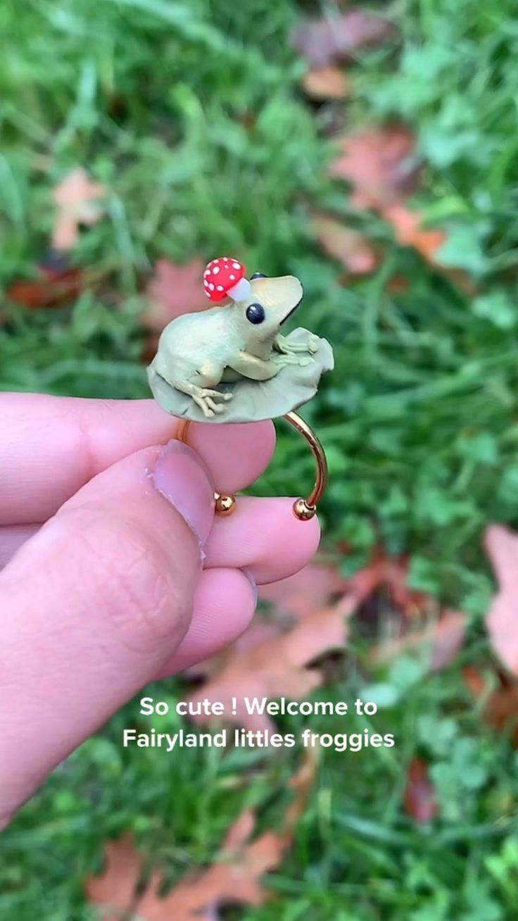 a person holding a frog ring with a red bow on it's head