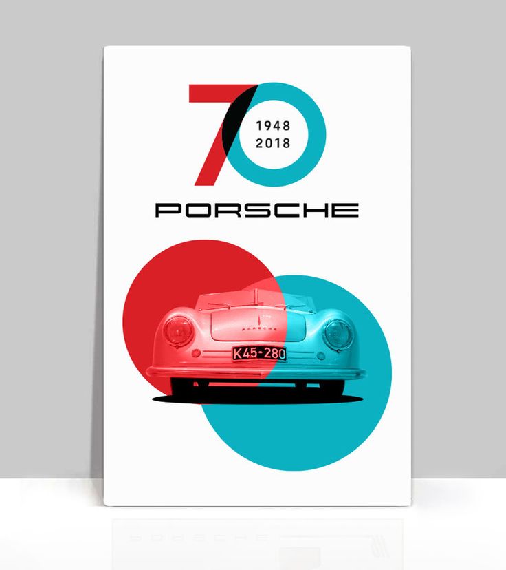 a poster with the number 70 porsche on it's front and back end in red, white, and blue