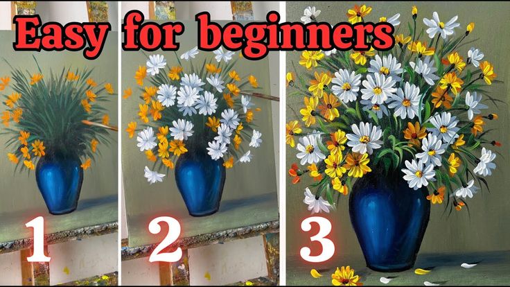 three pictures showing how to paint flowers in blue vases with text overlay that says easy for beginners