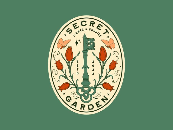 the secret garden logo with red flowers and butterflies around it on a green background,