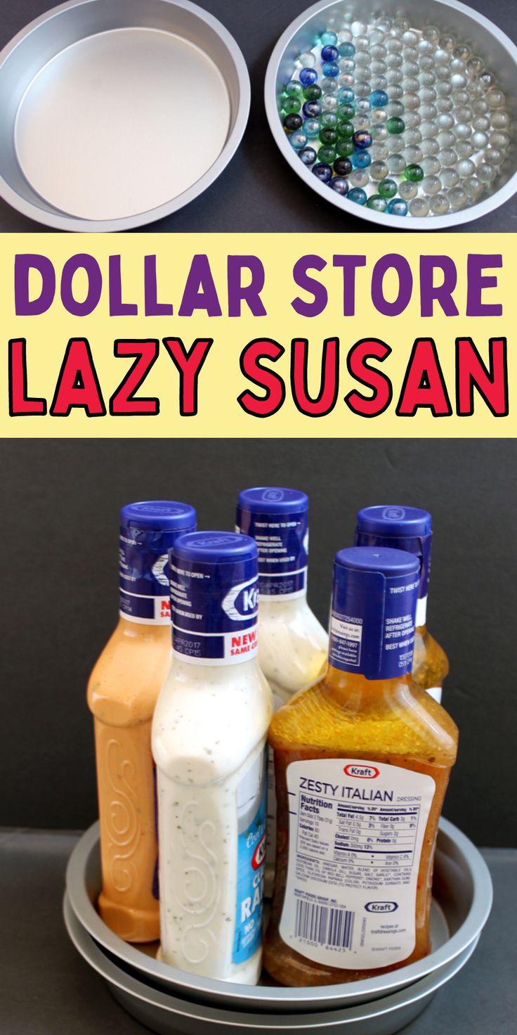 the dollar store lazy susan is sitting on top of a plate with plastic bottles and containers