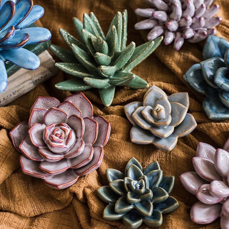 small ceramic succulents are arranged on a tablecloth with a book in the background