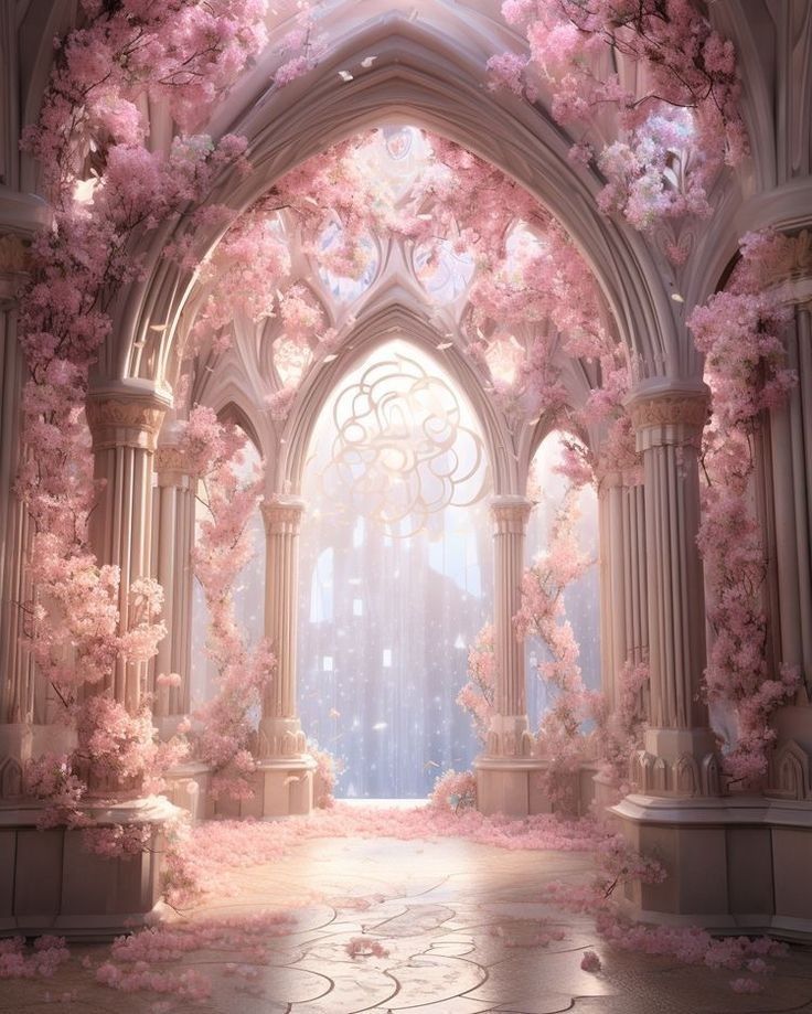 an archway with pink flowers on the floor and light coming from it in the background