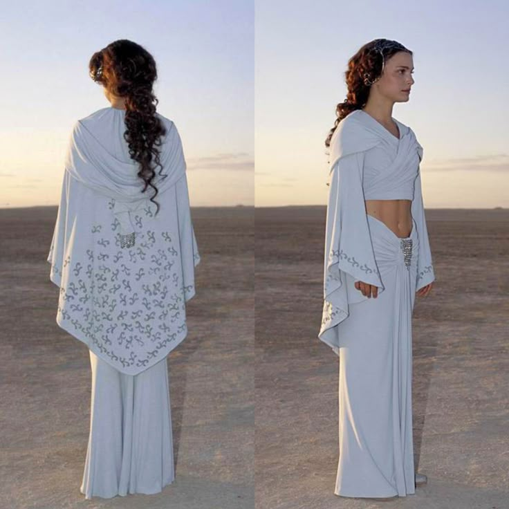 two pictures of a woman in white dress standing in the middle of an empty desert