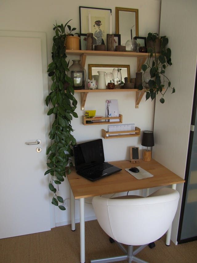 a laptop computer sitting on top of a wooden desk next to a potted plant