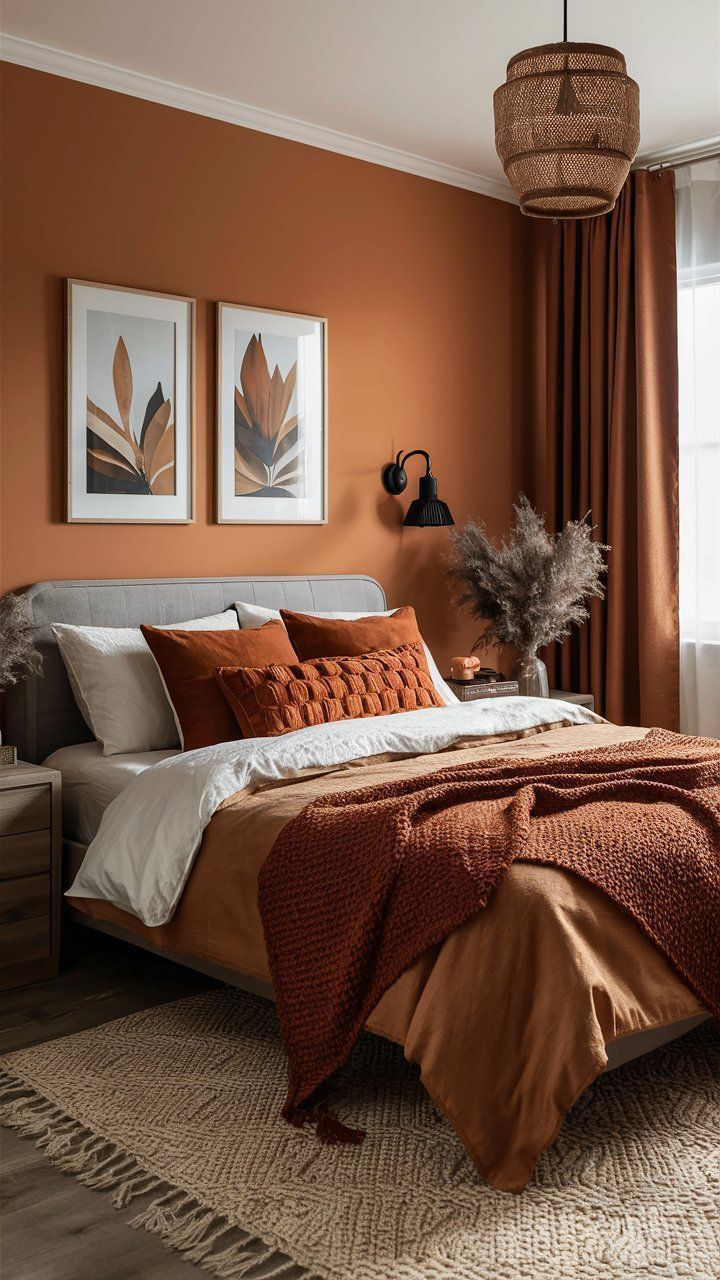 an orange and white bedroom with two pictures on the wall above the bed in front of it