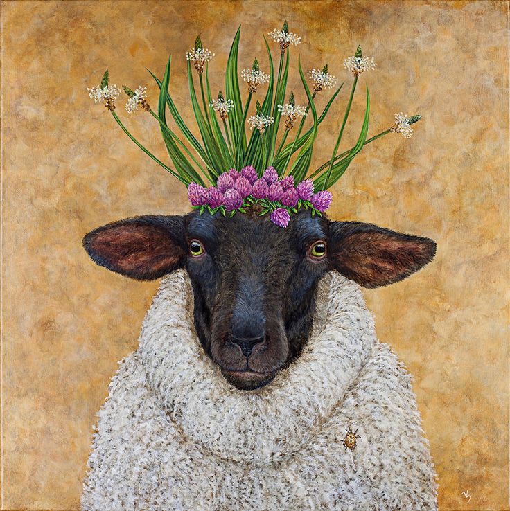 a painting of a sheep with flowers on its head