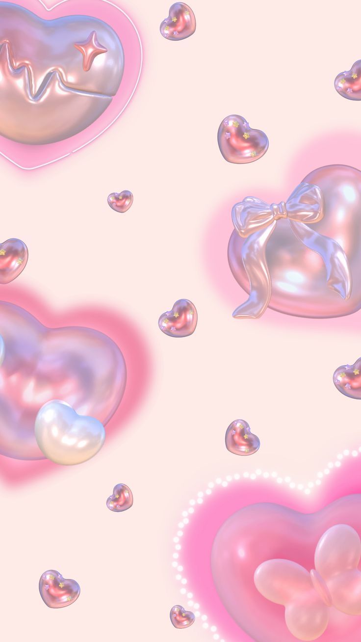 hearts and bubbles floating in the air on a pink background