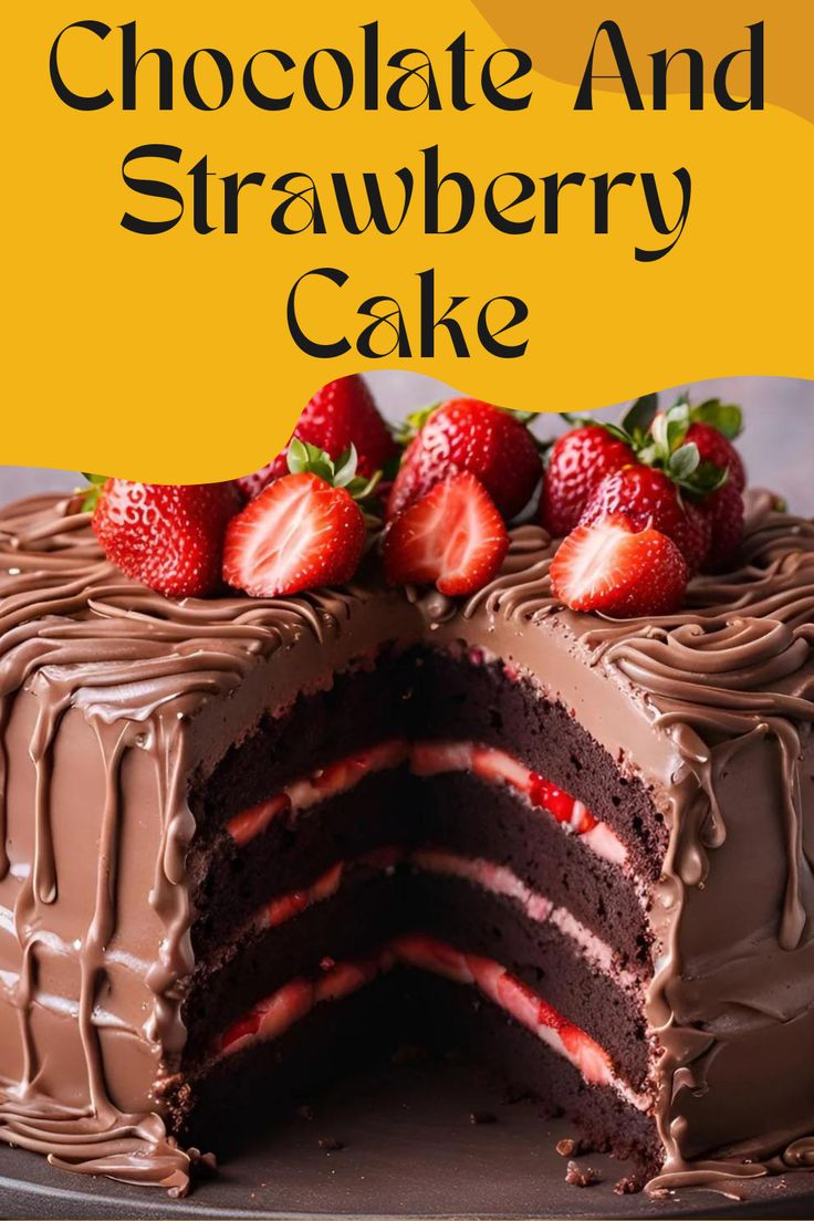 a chocolate and strawberry cake on a plate with the words, chocolate and strawberry cake