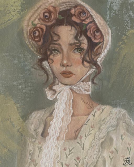 a painting of a woman wearing a white hat and dress with roses in her hair