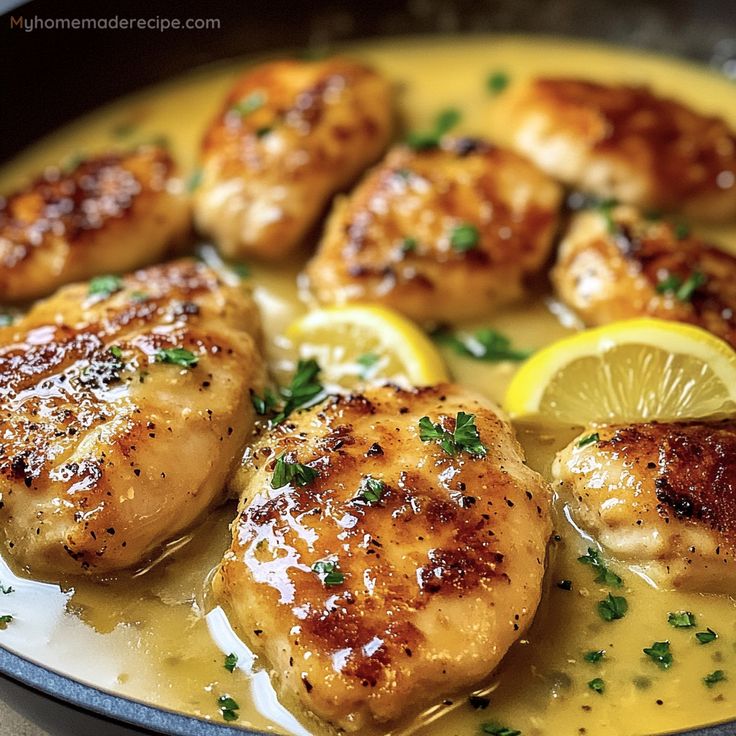 chicken with lemon sauce and parsley in a pan