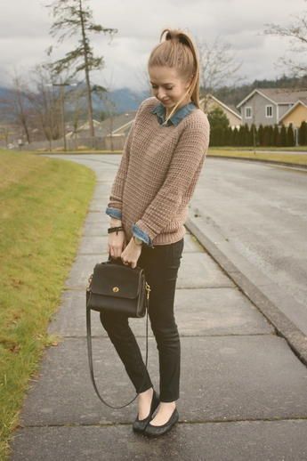 @roressclothes closet ideas #women fashion outfit #clothing style apparel Camel Sweater and Denim Shirt via Sweater Over Collared Shirt, Collared Shirt And Sweater, Collared Shirt Outfits, Camel Sweaters, Sweater Layering, Estilo Preppy, Mode Casual, Casual Work Outfits, Work Outfits Women