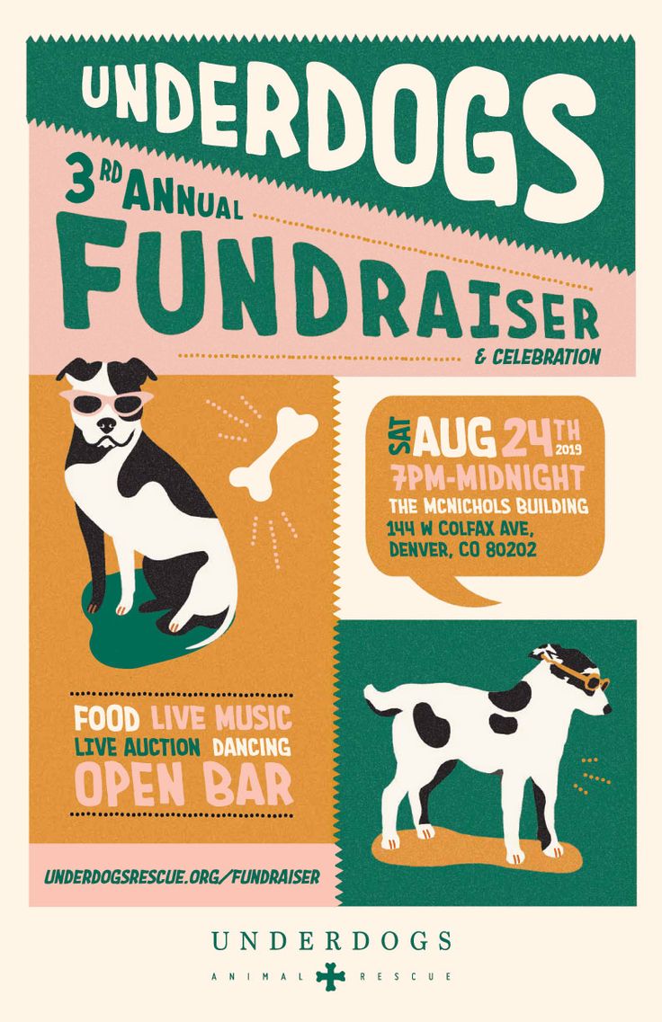 the poster for underdogs fundraiser is shown in three different colors and font, as well as an image of a dog