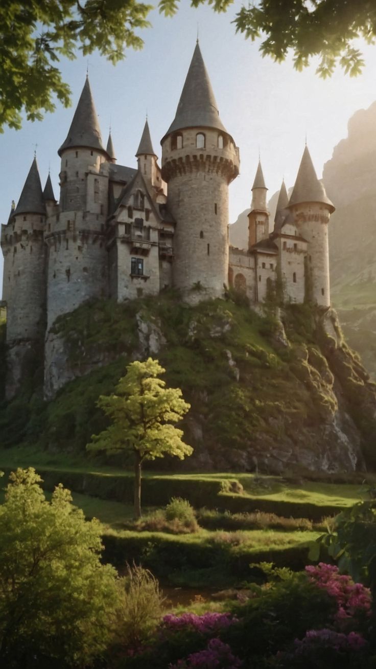 an old castle on top of a hill surrounded by trees and bushes in the sunlight