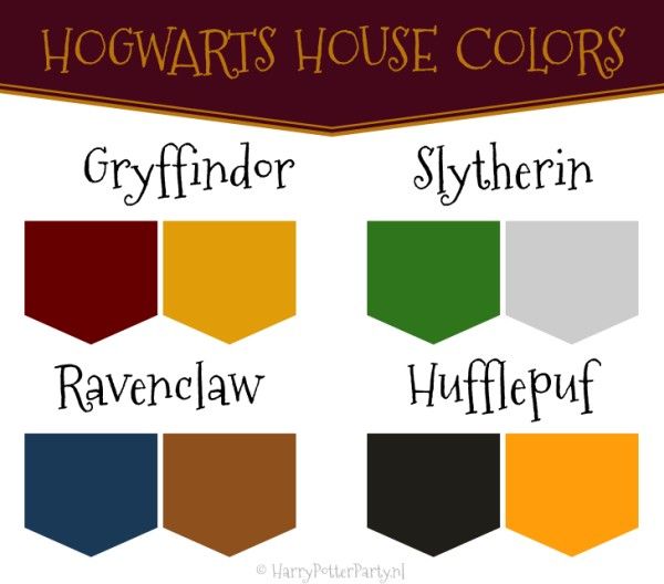 hogwarts house colors with the names and colors in each color scheme on it