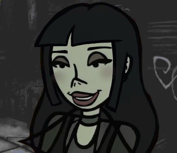 an animated woman with long black hair standing in front of a chalkboard drawing on the wall