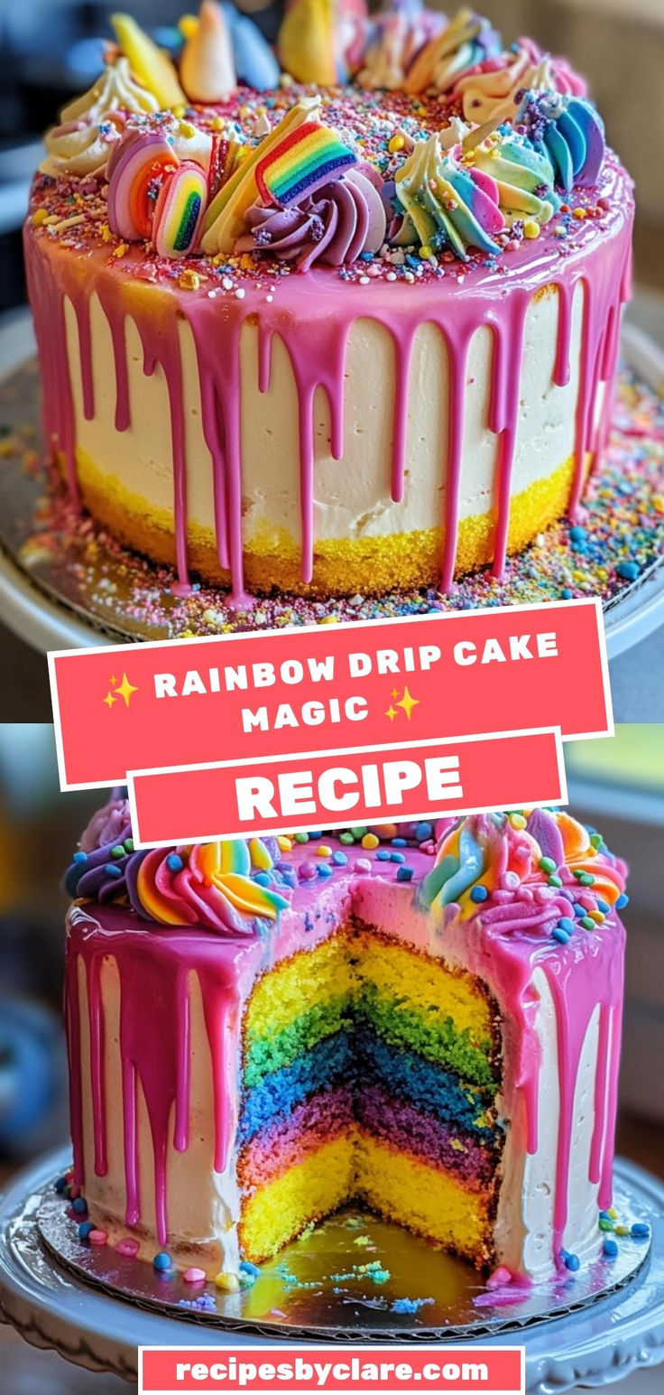 the rainbow drip cake is ready to be cut into pieces and put on top of the cake