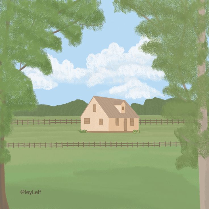 a drawing of a house in the middle of a field with trees and a fence