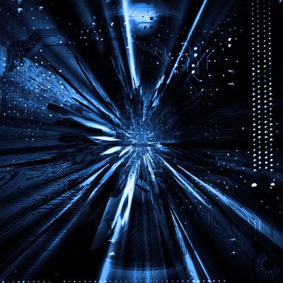 an abstract blue and black background with lines, dots and shapes in the center that appear to be moving