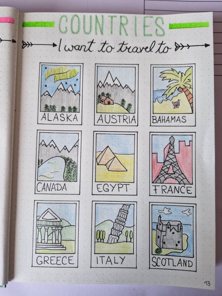 an open notebook with pictures of countries on it and the words countries written in different languages