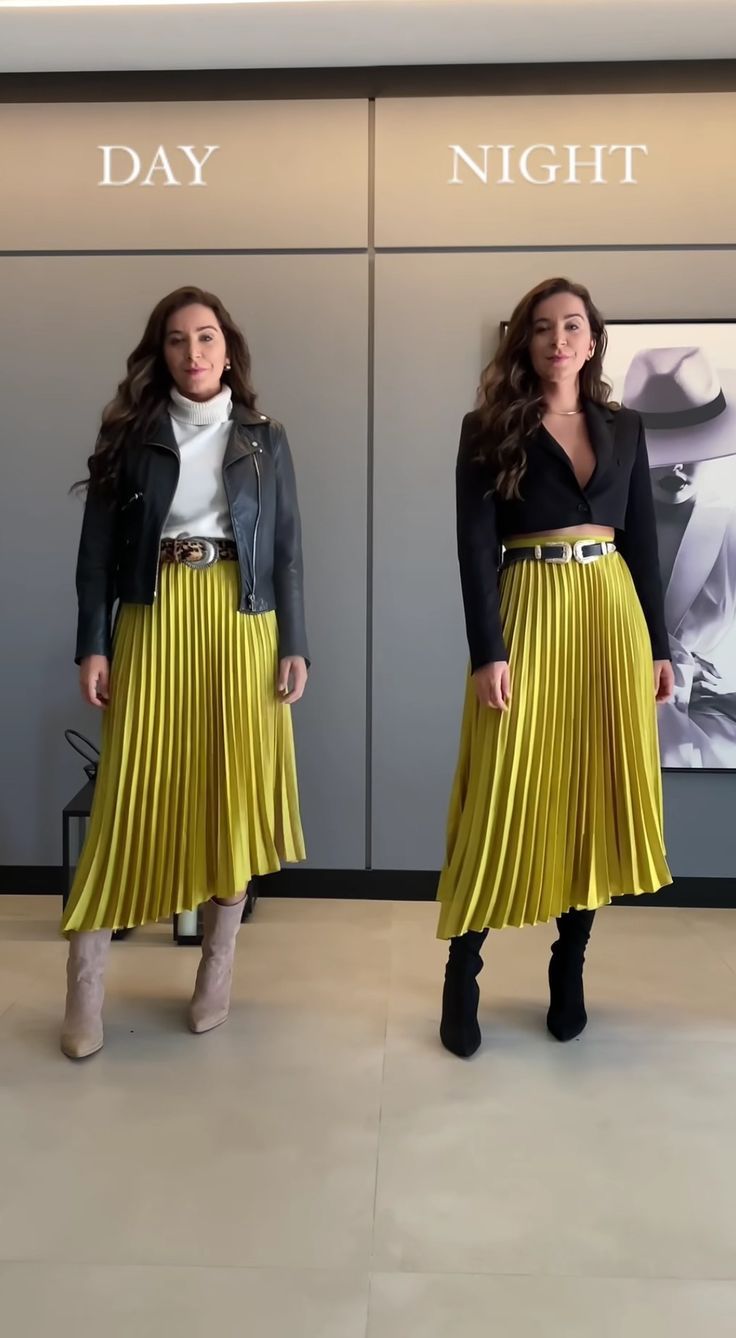 Midi Pleaded Skirt Outfits, Pleaded Skirt Fall Outfits, Pleaded Skirt Winter Outfit, Yellow Skirt Outfit Winter, Pleated Skirt Outfit Classy, Winter Pleated Skirt Outfit, Pleated Dress Outfit Classy, Yellow Pleated Skirt Outfit, Pleated Skirt Outfit Fall