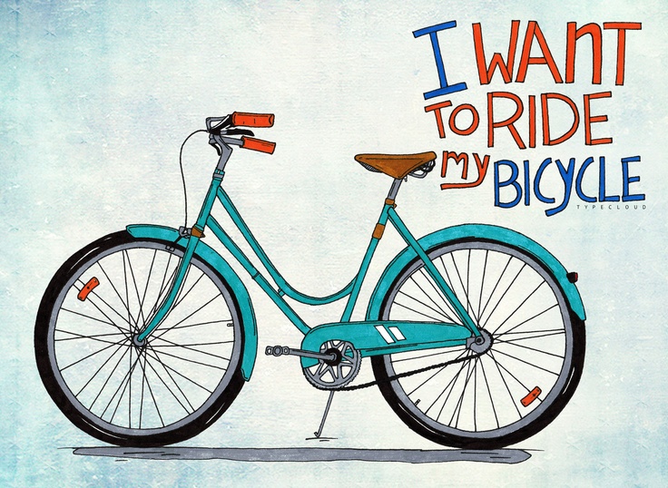 a drawing of a blue bicycle with the words i want to ride my bicycle on it