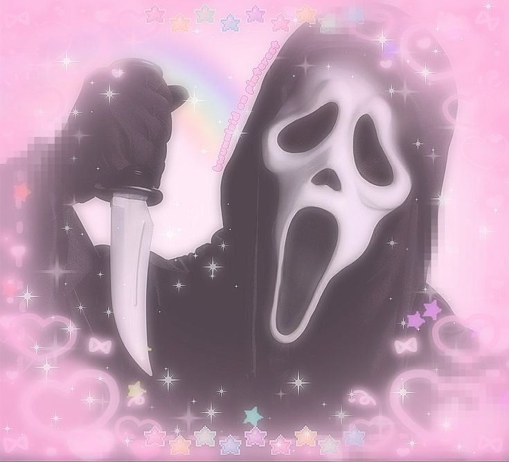 a ghost holding a knife in front of a pink background with stars and a rainbow