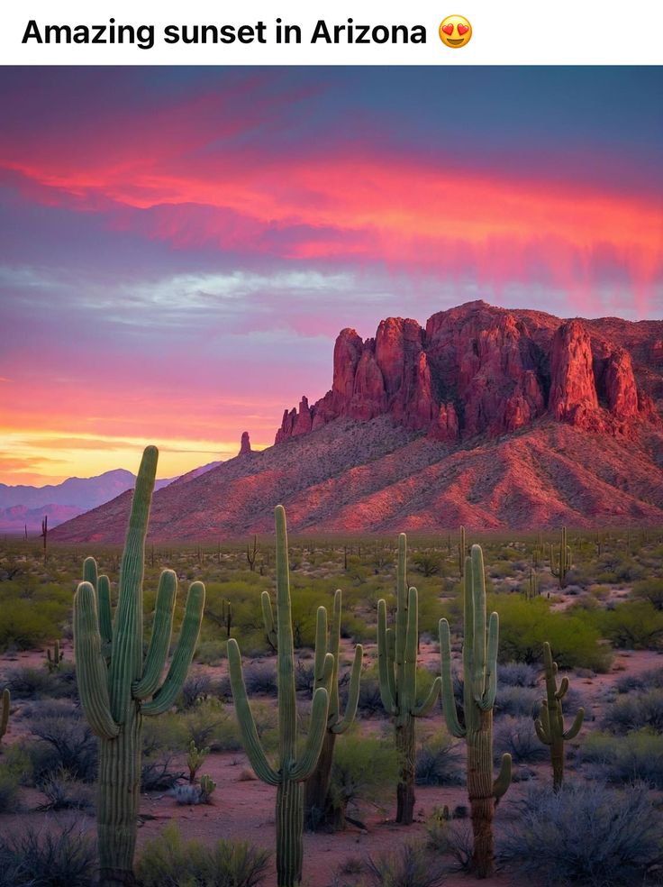 the sun is setting in arizona with mountains and cactuses behind it, as seen from an instagram