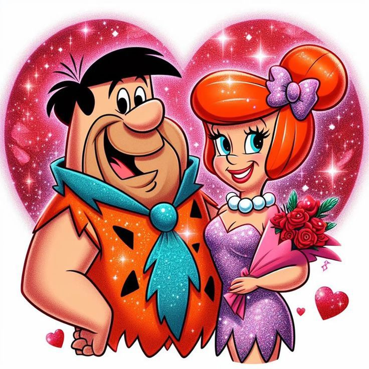 a cartoon character holding a bouquet of flowers next to a man in a flintter costume