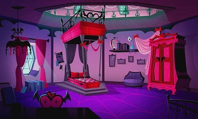 an animated bedroom with pink and purple decor