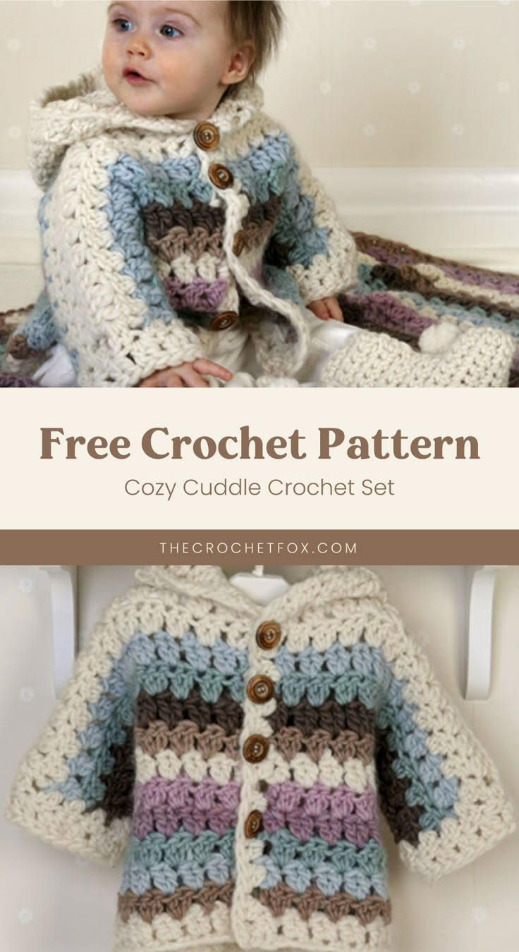 a baby wearing a crochet jacket and sitting on a chair with the text free crochet pattern