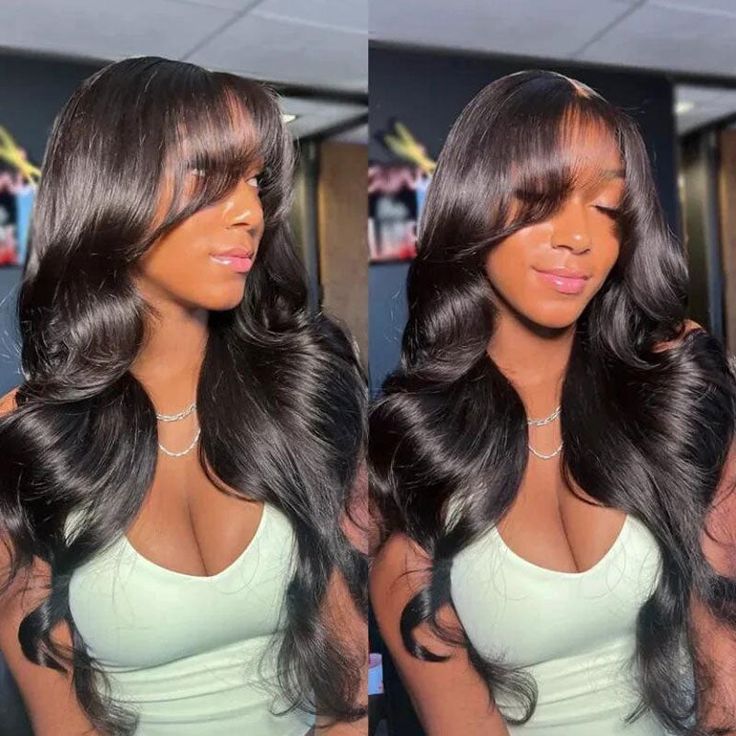 Curtain Bangs Face-Framing Body Wave 6x5 HD Lace Glueless Wig Pre Cut Lace Human Hair Wigs-uprettyhair Frontal Wig With Bangs, Bangs Layers, Glueless Wig, Human Virgin Hair, Wig With Bangs, Lace Material, Body Wave Hair, Hair Texture, Ear Protection