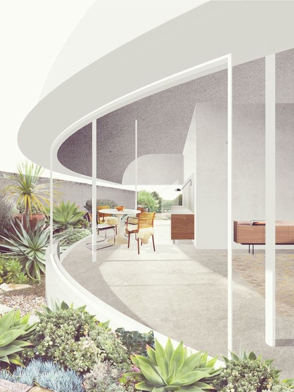 an artist's rendering of the interior of a modern house with plants and furniture