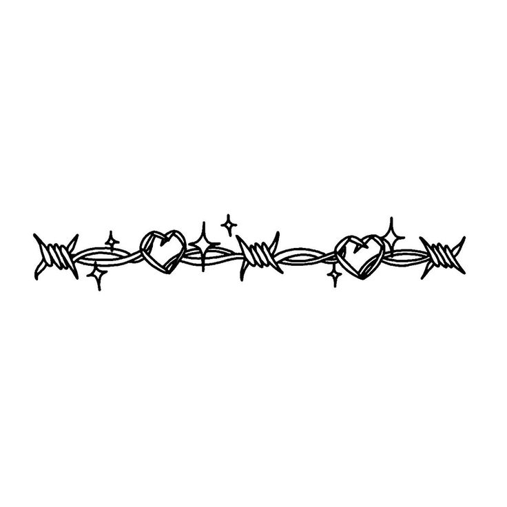 a black and white drawing of barbed wire with hearts on it's end, in the middle