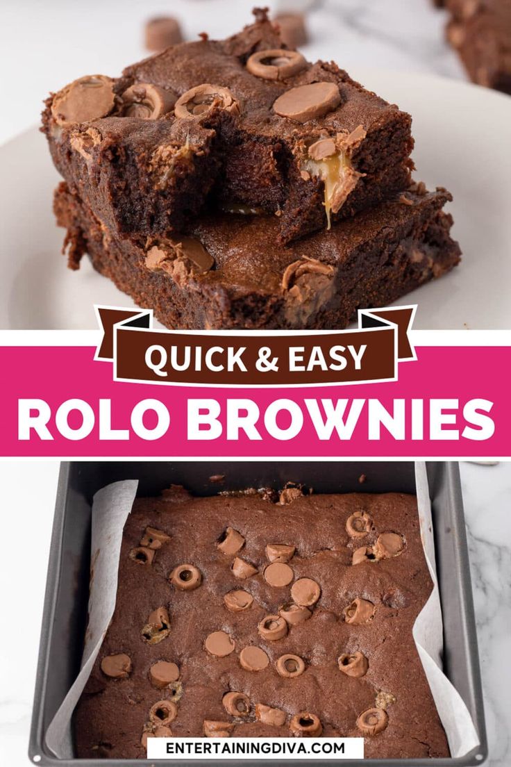 chocolate brownies are stacked on top of each other with the words quick and easy