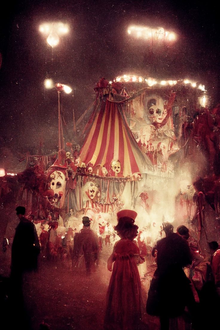 a carnival with clowns and people in it at night time, all dressed up